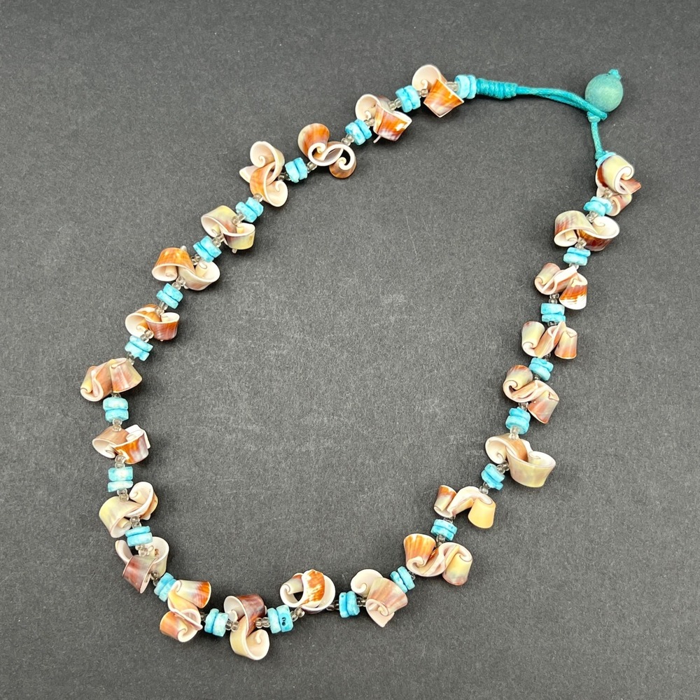 Boho Shell Necklace Blue Brown White Spiral Beachy 17" - Picture 4 of 7